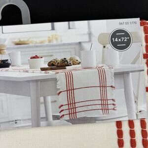 Threshold Table Runner NEW 14x72 Red Off White Ivory Cotton Fringe Stripe
